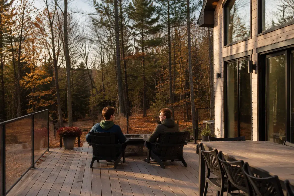 Ambiance de fin octobre : une conversation sur la terrasse d’un chalet contemporain, au milieu des arbres d’automne