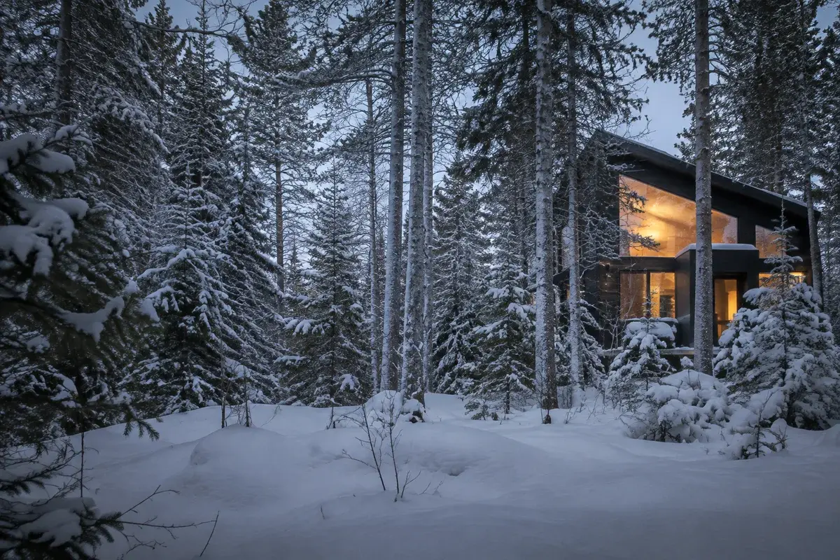 Ambiance hivernale : forêt enneigée et chalet contemporain