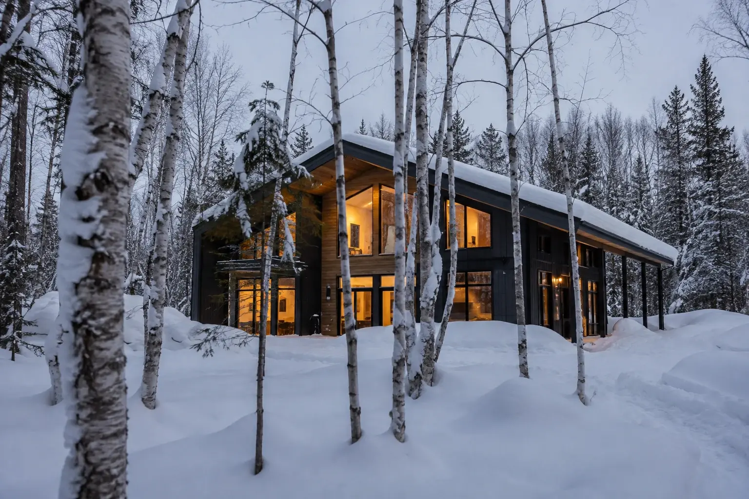 Ambiance de février au Québec : chalet contemporain et forêt sous une neige épaisse